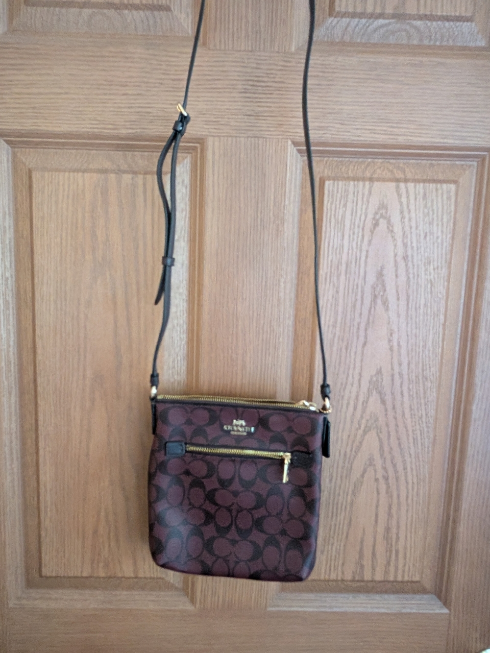 COACH Mini Rowan File Bag in Signature Canvas Maroon Black Classic Designer